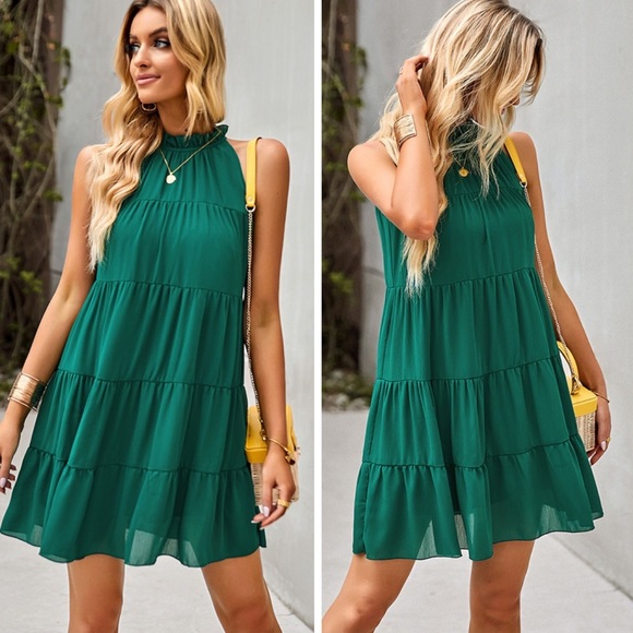 Green Tie Back Ruffle Collar Tiered Dress - Picture 2 of 2